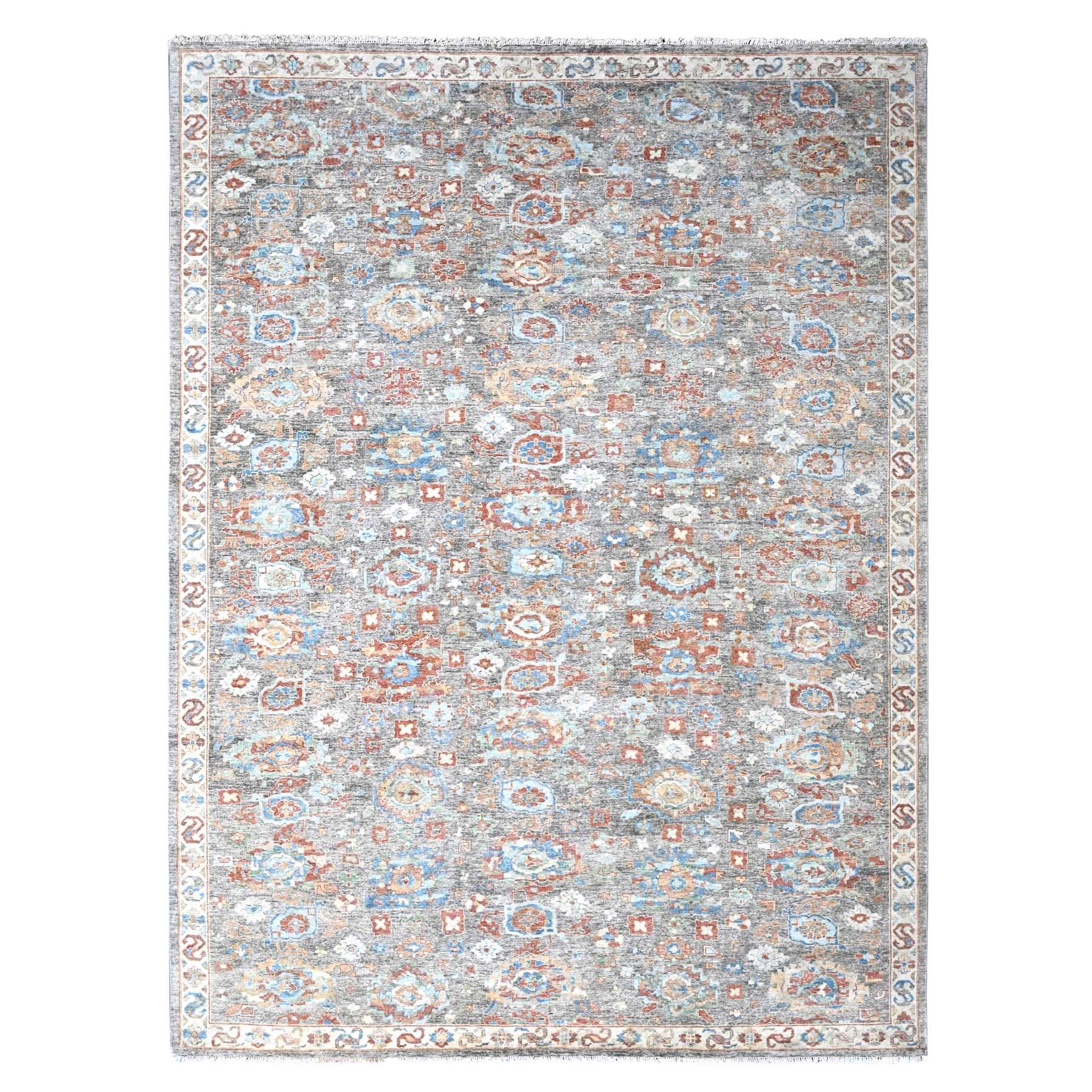 Coffee Brown, Antiqued Persian with Ziegler Mahal Design, Oxidized, Distressed, Zero Pile, Shaved Low, Pure Wool, Hand Knotted, Oriental Rug
